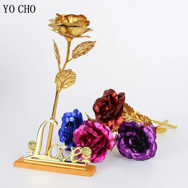 Rose éternelle galaxie colorée fleurs artificielles 24K feuille d'or fleur amour Base boîte évasée pour petite amie cadeau de saint valentin