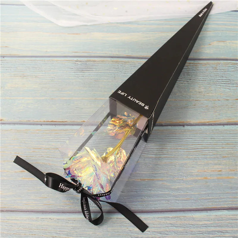 Rose éternelle galaxie colorée fleurs artificielles 24K feuille d'or fleur amour Base boîte évasée pour petite amie cadeau de saint valentin