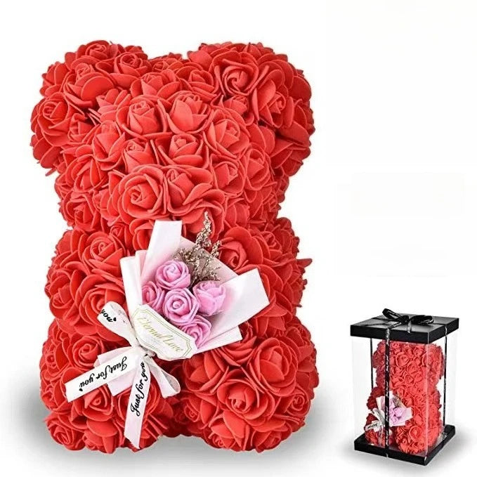 Oursons en rose artificielle de différente couleur pour offrir a saint valentin ou autre fête.