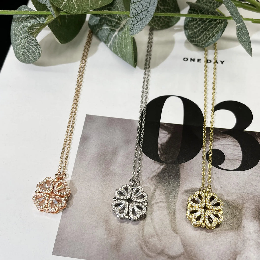 Coffret cadeau Rose collier d'herbe à quatre feuilles collier coeur mignon trèfle à quatre feuilles collier délicat colliers en or cadeaux pour petite amie